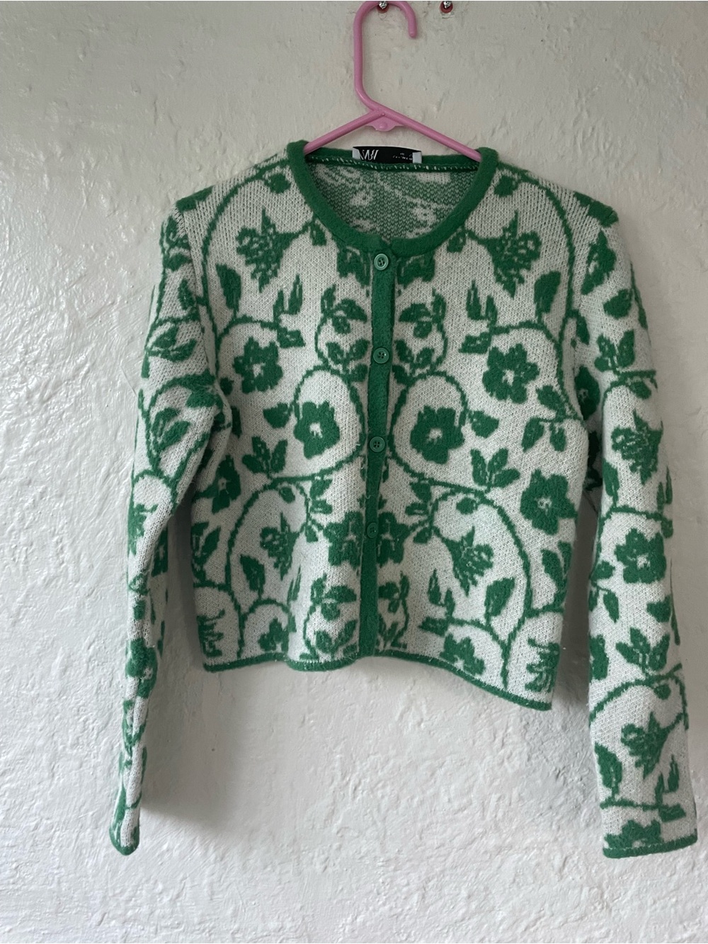 Zara green knit floral wool blend  cardigan button up sweater Size M